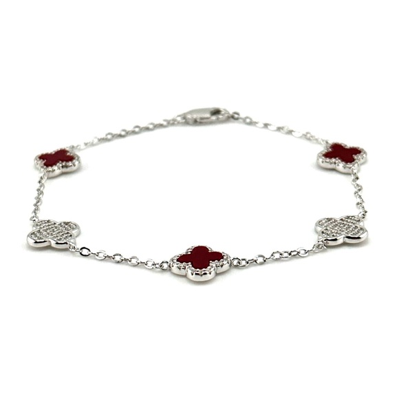 925 Solid Sterling Silver Luxury Maroon Red Clover Bracelet - Picture 3 of 5